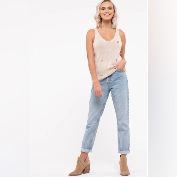 NWT Blu Pepper Women's V-Neck Pompom Knit Sweater Tank Sz Medium, Beige Multi - Picture 6 of 10